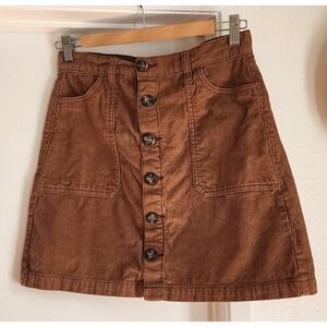 Kensie Jeans Brown Corduroy Button Front A-Line Mini Skirt Women Size 26